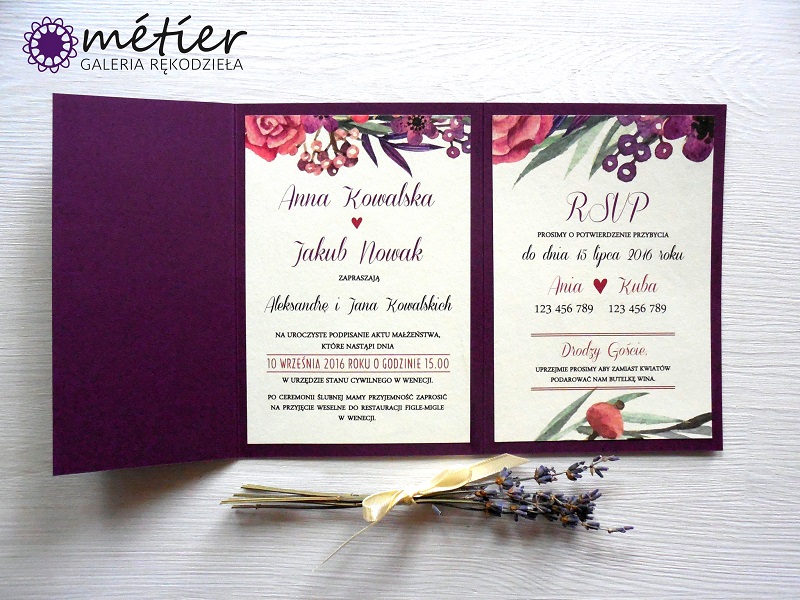 zaproszenia ślubne, zaproszenia w kolorze fioletu, zaproszenia na ślub 2017