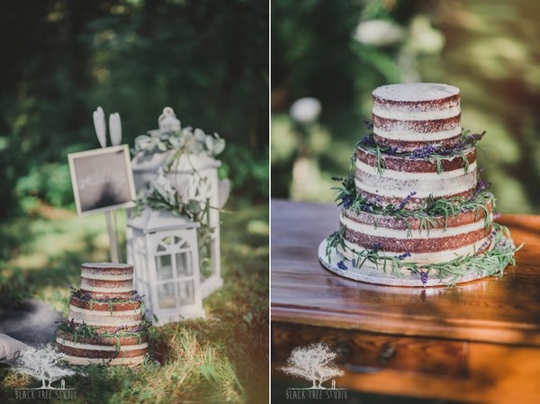 lawendowy tort ślubny, naked cake z lawendą, zielony ślub w plenerze