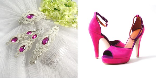 fuksjowe dodatki dla Panny Młodej na ślub, różowa biżuteria do ślubu i różowe buty ślubne