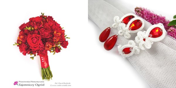 czerwone dodatki dla Panny Młodej na ślub, czerwona biżuteria do ślubu i czerwony bukiet ślubny