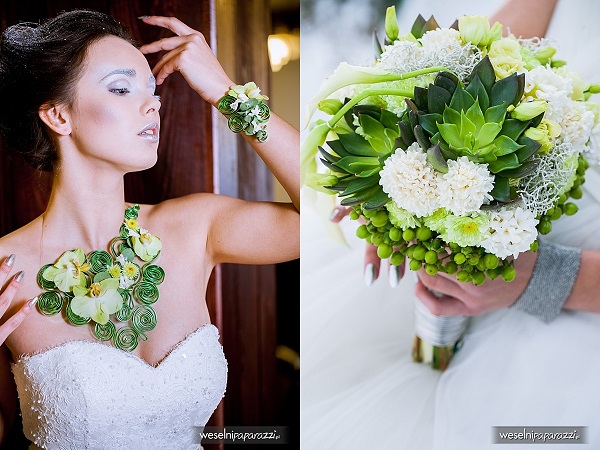 zielony bukiet ślubny, zielona biżuteria ślubna z żywymi kwiatami