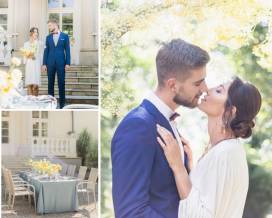 Żółty i dusty blue w pomyśle na ślub i wesele - sesja stylizowana