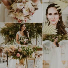 Trawy pampasowe z pastelowymi różami i ciepłym beżem tropikalnych, suszonych liści  - tablica inspiracji ślubnych wesele 2020