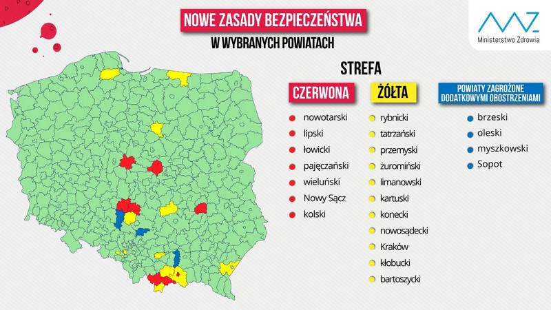 koronawirus mapa stref żółte zielone czerwone 27.08,2020