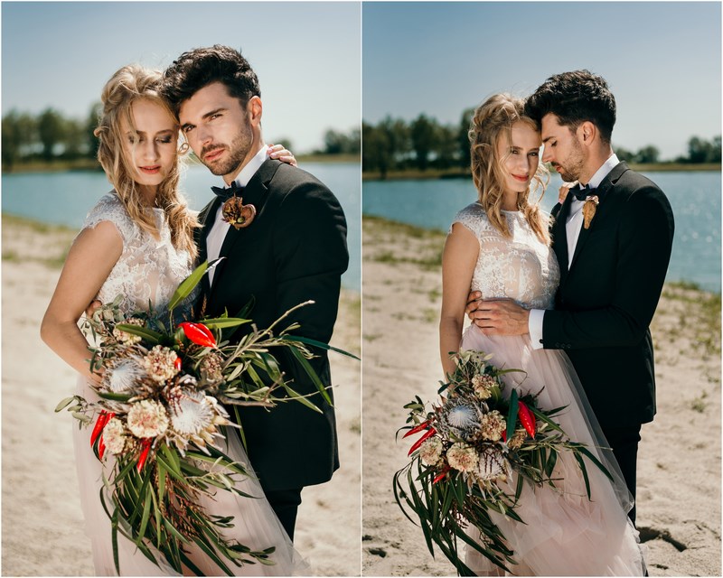 suknia ślubna garnitur ślubny bukiet ślubny sesja na plaży mix&match etno