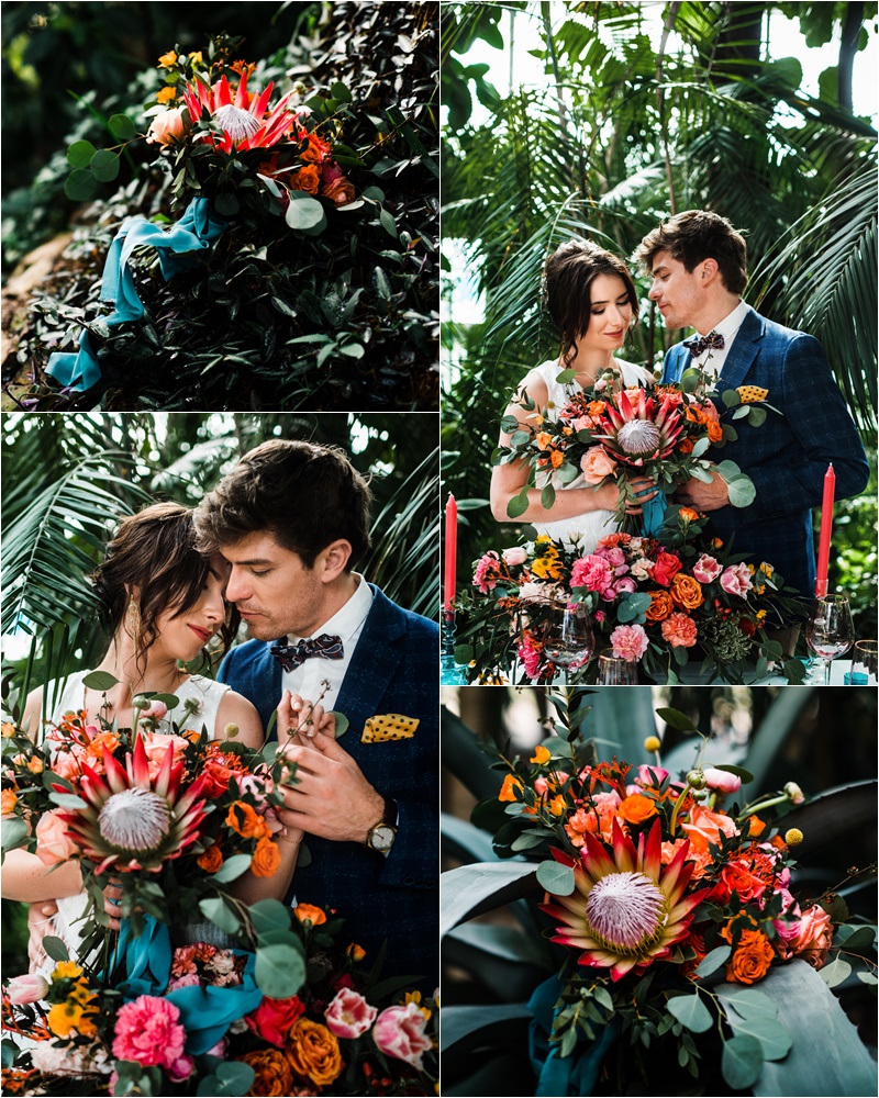 ślub wesele sesja stylizowana sesja ślubna para młoda panna młoda pan młody grapefruit inspiracje weselne inspirujmy panny młode stylizacja ślubna kolorowe wesele palmy liście egzotyczne barwy 