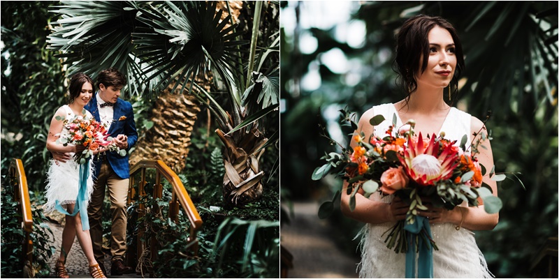ślub wesele sesja stylizowana sesja ślubna para młoda panna młoda pan młody grapefruit inspiracje weselne inspirujmy panny młode stylizacja ślubna kolorowe wesele palmy liście egzotyczne barwy 