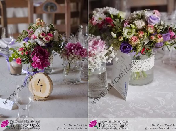 folkowe dekoracje ślubne z kwiatów, folkowe wesele na mazurach, drewniane numery stołów