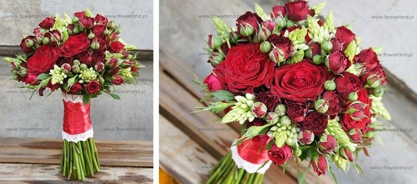 zerwony, bordowy bukiet ślubny z anemonów i róż