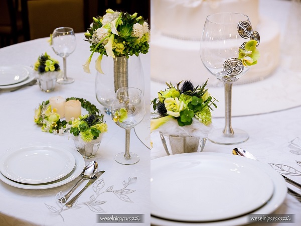 zielone dekoracje ślubne na stół weselny