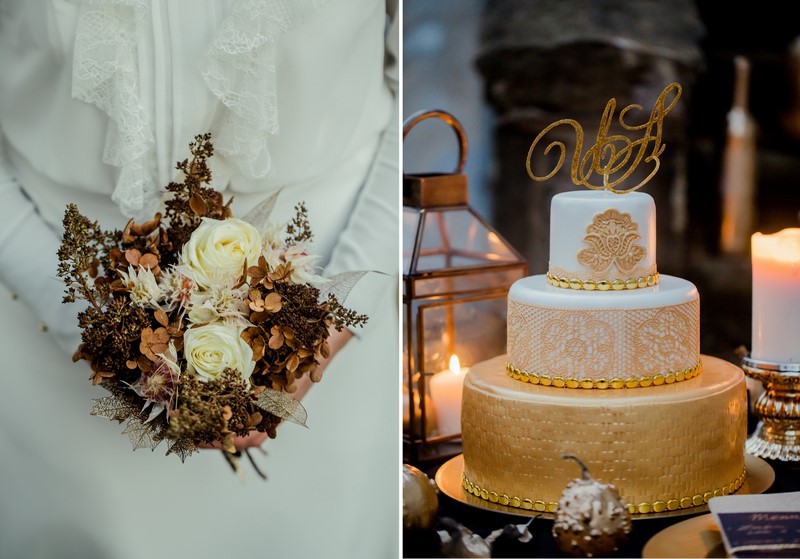 bukiety ślubne ślub w kolorze kolorowe inspiracje ślubne kolory jesieni jesienne barwy złoto biel ecru na ślub i wesele złoto złote motywy weselne