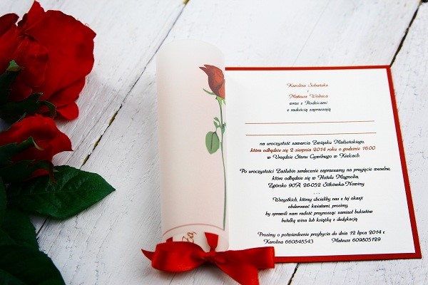 czerwone zaproszenie ślubne z różą, ręcznie malowane