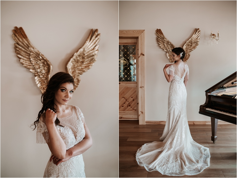 eleganckie wesele w stodole, panna młoda glamour, złote skrzydła